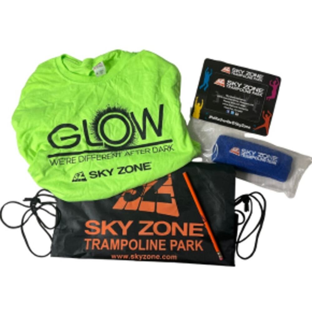 Sky Zone Trampoline Glow Kids M T-Shirt Neon Green Bag Pencil Sweatband